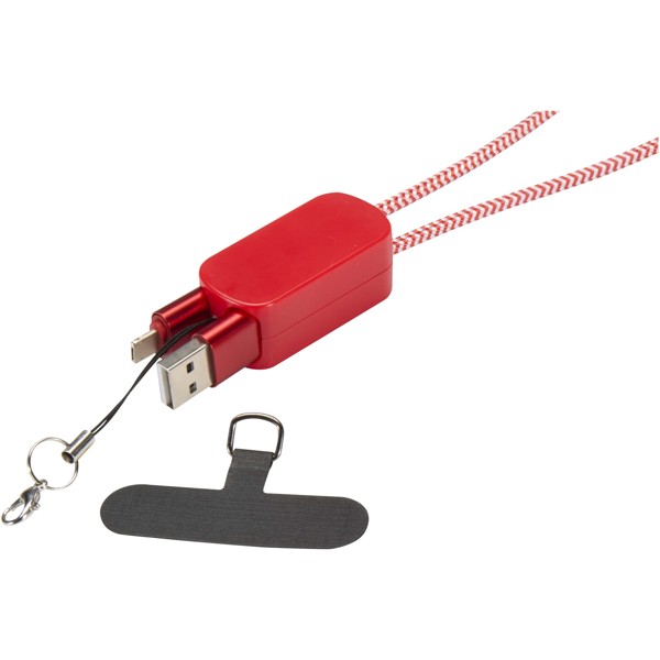 Anser recycled plastic smartphone lanyard with 27W 5-in-1 built-in cable - Red
