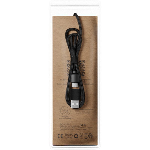 SCX.design C38 40W 5-in-1 rPET light-up logo charging cable with squared wooden casing - Blue / Wood