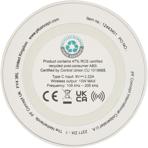 Freal 15W recycled plastic wireless charging pad - White