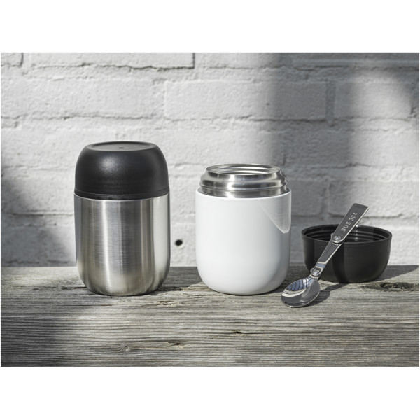 Supo 480 ml double-walled recycled stainless steel lunch pot with foldable spoon - White