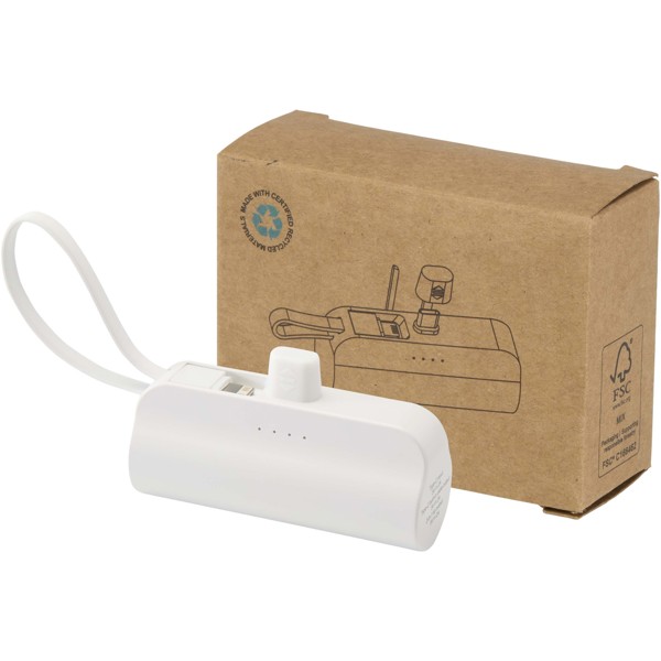 Alnair 5000 mAh 10W recycled plastic Type-C power bank with built-in flip stand and 2-in-1 cable - White