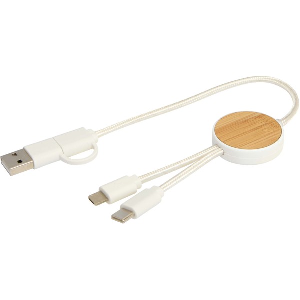 Chechia 5-in-1 recycled plastic 30 cm data sync and 27W fast charge cable with bamboo details - White