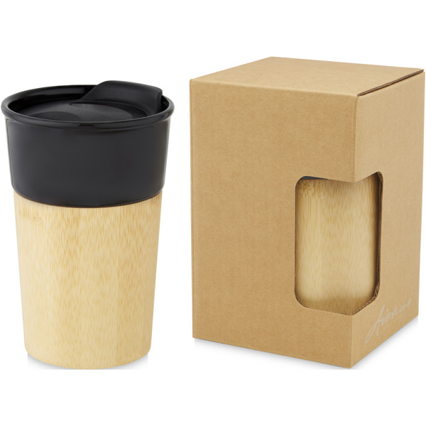 Taza de porcelana de 320 ml con pared exterior de bambú "Pereira" - Negro brillante