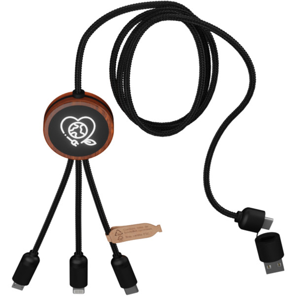SCX.design C37 40W 5-in-1 rPET light-up logo charging cable with round wooden casing