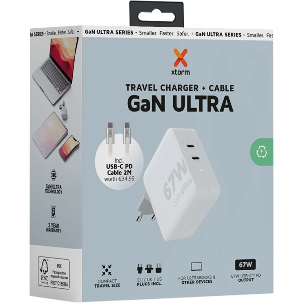 Xtorm XVC2067 GaN Ultra 67W travel charger with 100W USB-C PD cable