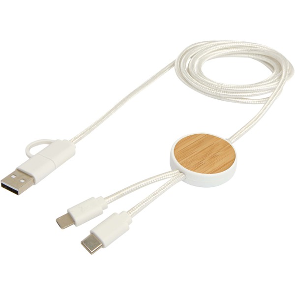 Chechia 5-in-1 recycled plastic 150 cm data sync and 27W fast charge cable with bamboo details - White
